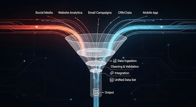 Digital data funnel visualization showing information processing and business analytics flow