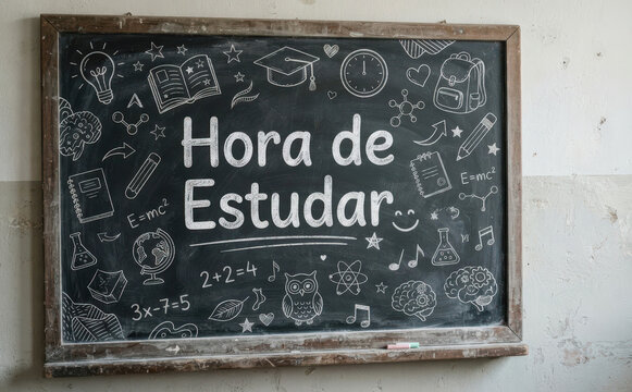 Hora de Estudar - Quadro Negro com Desenhos Educativos e Educacao Escolar para Cartazes