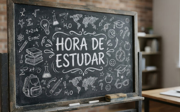 HORA DE ESTUDAR lousa escolar com desenhos de educacao para aprendizado e escola