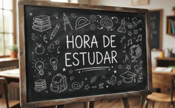 HORA DE ESTUDAR lousa com giz e desenhos educativos para conceito de educacao escola e aprendizado