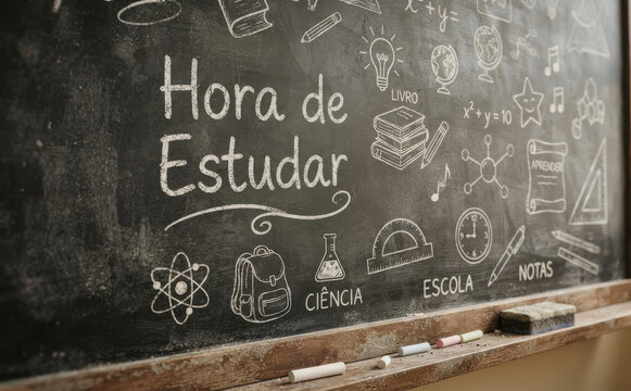 Hora de Estudar fundo de lousa escolar com desenhos de educacao, ciencia, livros e lapis para projetos pedagogicos