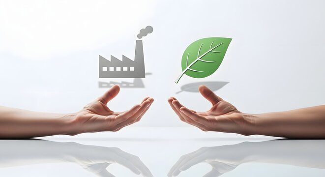 Two hands reaching out to symbolize the balance between industrial production and environmental sustainability with a factory icon and a leaf icon