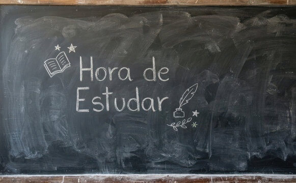 Hora de Estudar - Fundo de quadro negro escolar com texto escrito a giz para educacao e conhecimento