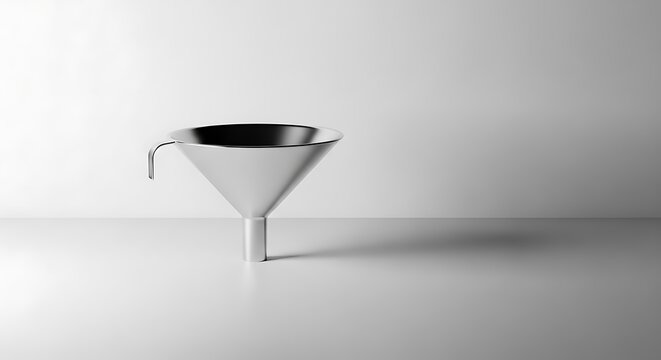 Stainless steel kitchen funnel isolated on a white background for culinary preparation.