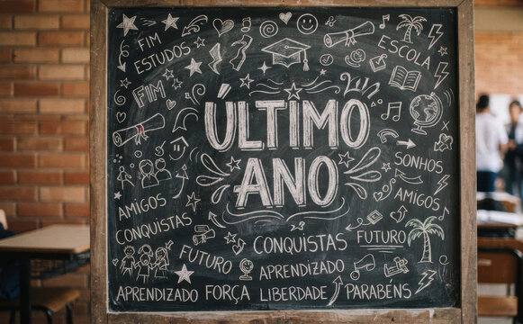 ULTIMO ANO lousa com desenhos e frases escolares para formatura e comemoracao de estudantes