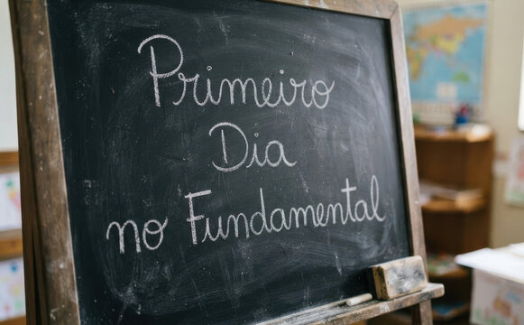 Primeiro Dia no Fundamental escrito em lousa escolar para educacao infantil e conceito de volta as aulas