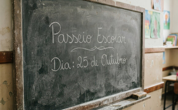 Passeio Escolar Dia 25 de Outubro lousa com giz informando data de evento em escola