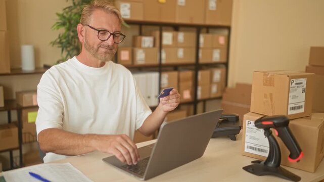 Man holding creditcard and typing on laptop while packing parcels at a small shipping building with barcode scanner, stacked boxes and desk supplies; entrepreneurial confidence.
