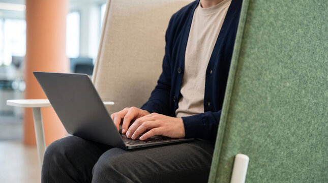 Working hybrid laptop office remote business man typing casual technology coworking space. remote flexible freelance work. online home office workplace, employee job management, communication form