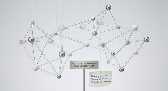 Abstract network of interconnected nodes representing financial dependency reduction system