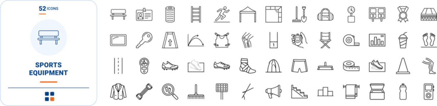Track and field line icon set. Vector pictograms of jump, athlete, equipment, and competition elements, thin linear illustration.