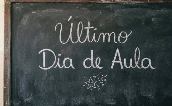 Ultimo Dia de Aula escrito em lousa escolar, conceito de ferias escolares e fim de ano letivo para educacao