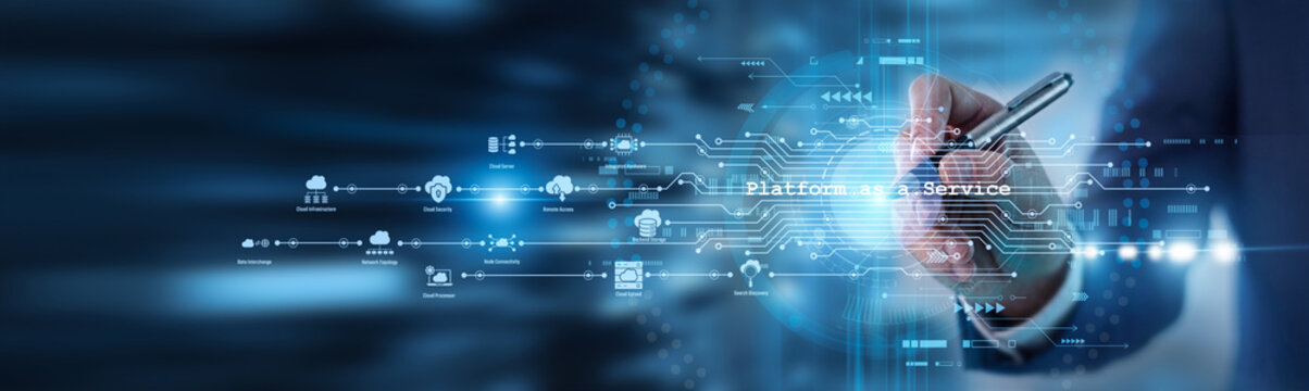 Cloud architect point of view using digital pen for Platform as a Service development. Scalable computing environment and app deployment tools for software engineers and cloud businesses.