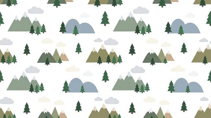 Obraz premium Minimalist landscape seamless pattern with mountains, trees and clouds