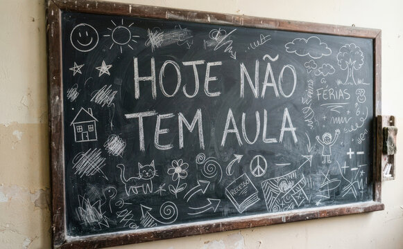 HOJE NAO TEM AULA Lousa escolar com recado escrito em giz para conceito de ferias escolares
