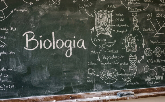 Biologia Quadro negro com desenhos de celula e anatomia para educacao e ciencia