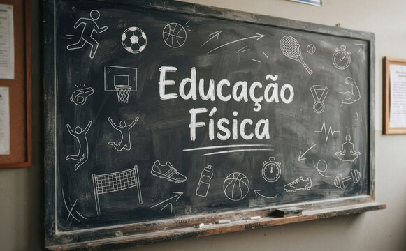 Educa&ccedil;&atilde;o F&iacute;sica escrita em um quadro negro com desenhos de esportes, sa&uacute;de e atividades escolares