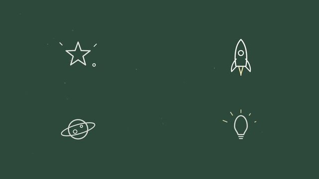 Chalk doodles draw school icons on green chalkboard