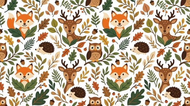 Autumn woodland animals seamless pattern with deer, fox, owl and hedgehog