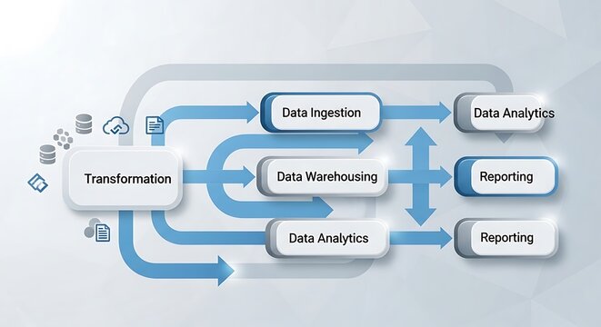 Data transformation and integration workflow diagram for business intelligence systems.