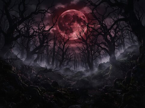 A spooky dark forest landscape with a giant glowing red moon in the night sky.