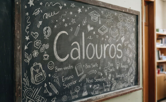 Calouros Quadro-negro de boas-vindas ao ensino superior com desenhos educativos