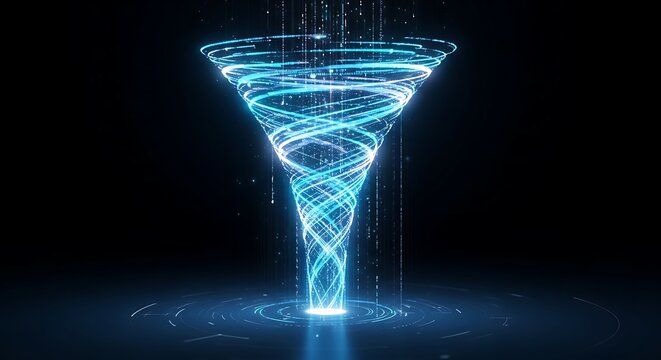 Digital data funnel visualization with glowing blue light particles on black background
