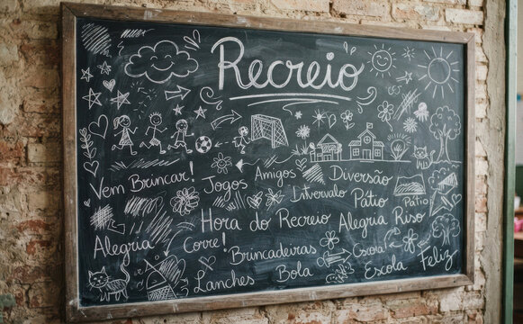 Recreio escrita em lousa com desenhos infantis educativos para conceito escolar e educacao
