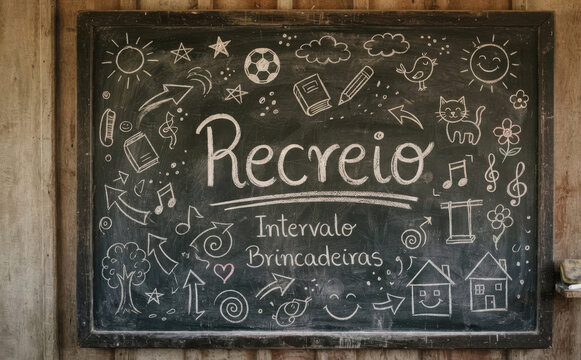Recreio - Lousa com desenhos de escola e intervalo para projetos infantis e educacionais