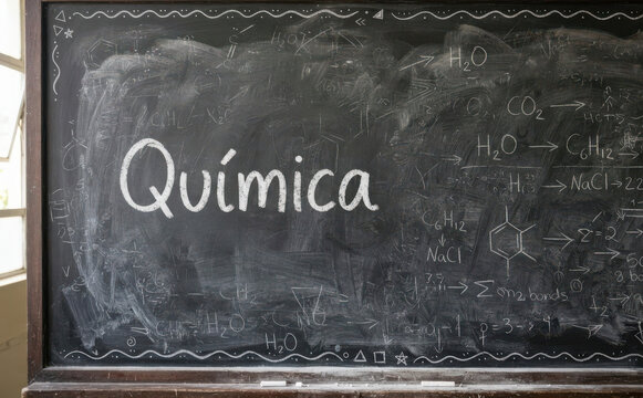 Qu&iacute;mica na lousa escolar com f&oacute;rmulas e equa&ccedil;&otilde;es para aulas de ci&ecirc;ncias e educa&ccedil;&atilde;o