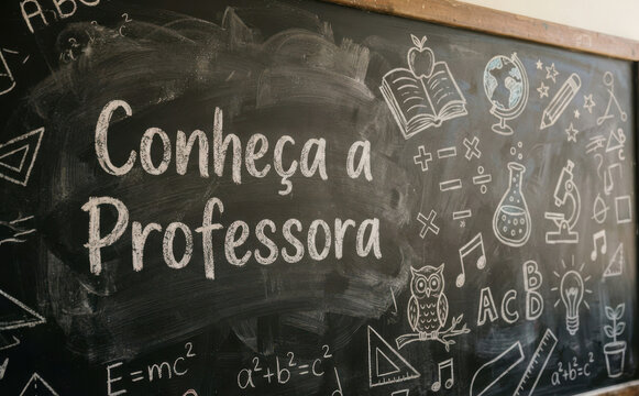 Conhe&ccedil;a a Professora - Lousa escolar com giz para apresenta&ccedil;&atilde;o de educador e volta &agrave;s aulas