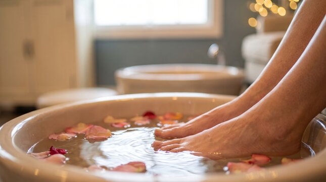 Woman feet in aromatherapy foot bath with floating rose petals in luxury spa salon interior