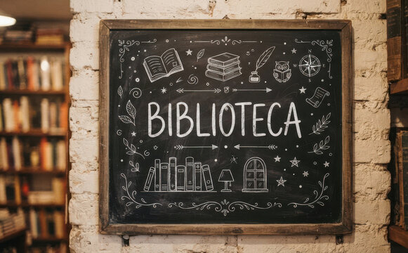 BIBLIOTECA Quadro de giz com ilustra&ccedil;&otilde;es de livros e elementos liter&aacute;rios para decora&ccedil;&atilde;o de ambiente de leitura e estudo