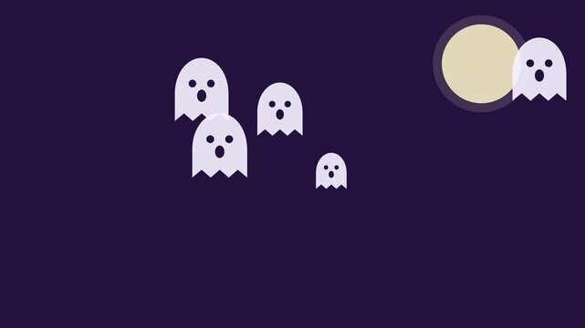 Cute white ghosts floating across purple night sky in halloween parade