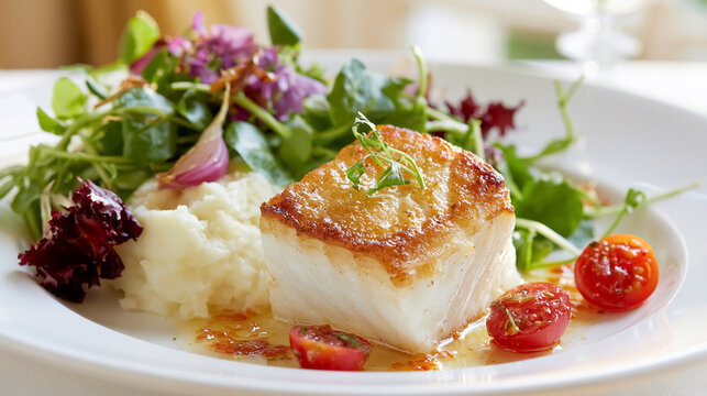 Plated gourmet meal featuring a healthy seared fish, creamy mashed potatoes, and vibrant green salad for a balanced dinner