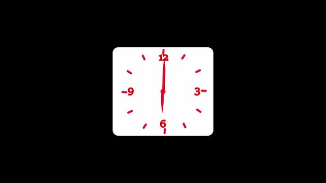 A black and white image of a clock with a square background. The clock face is white with black numbers and hands. The time shown is 1:14. The background is plain white.