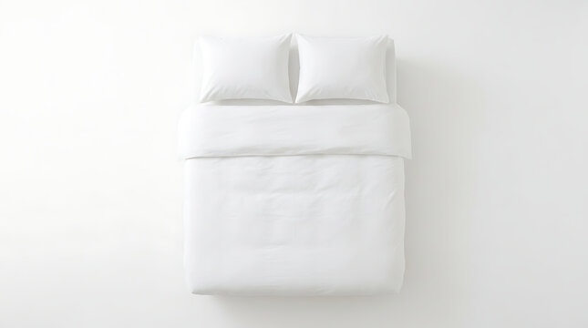 Down view of a neatly made white double bed overhead view 1