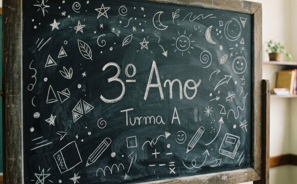 3 Ano Turma A lousa escolar com desenhos de giz educativos para educacao e volta as aulas