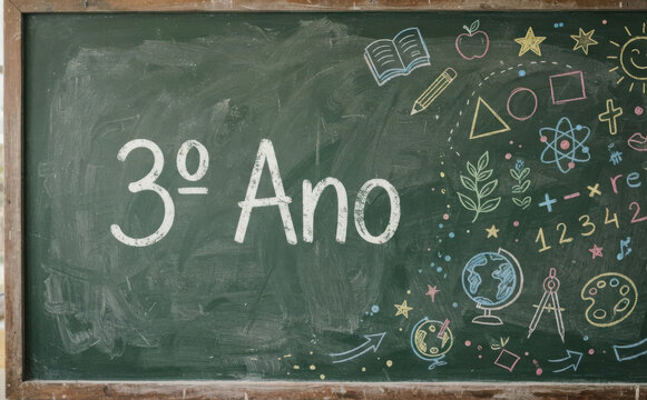 3o Ano, lousa escolar verde com desenhos de educacao, conceito de volta as aulas para estudantes e criancas na escola