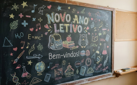 Novo ano letivo Bem-vindos! Lousa escolar com desenhos educativos para volta as aulas