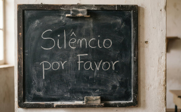 Silencio por Favor written on blackboard in Portuguese classroom. Silence please concept for education and school