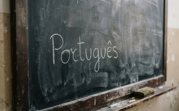 Portugues escrito na lousa, licao de idioma, aprendizado de lingua estrangeira, sala de aula, educacao