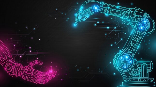 Futuristic Dark Robotics Background with Glowing Neon Automation Wireframes and Copy Space