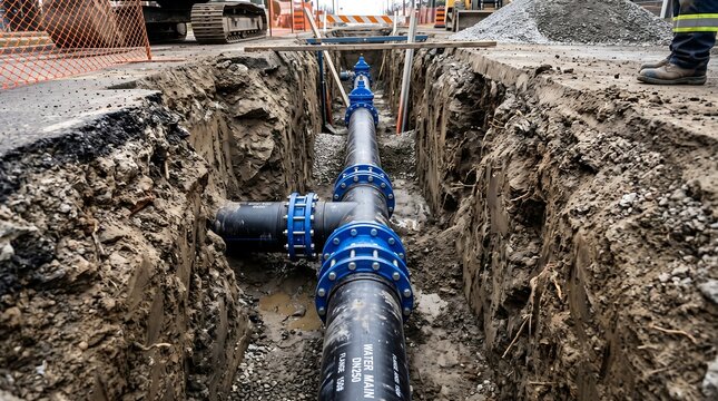 Black water main pipe section installed inside a deep excavated trench at a construction site with blue industrial flange fittings and gravel bedding