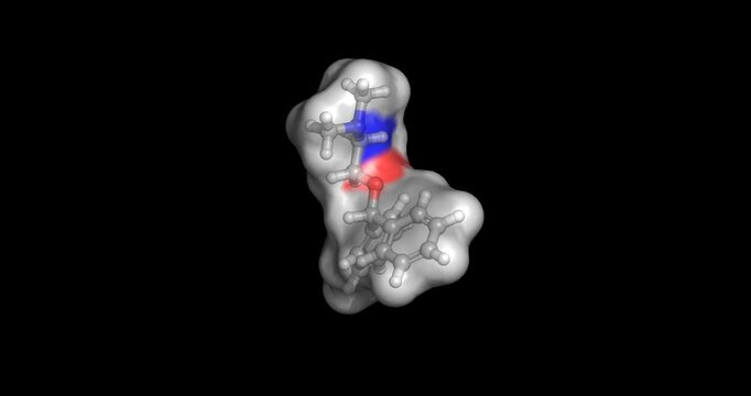 Diphenhydramine, first-generation ethanolamine antihistamine with anticholinergic, sedative, and antiemetic properties, 3D molecule spinning, 4K