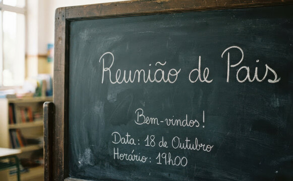 Reuni&atilde;o de Pais escrita em lousa escolar para comunica&ccedil;&atilde;o e educa&ccedil;&atilde;o infantil