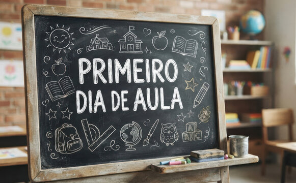 PRIMEIRO DIA DE AULA Lousa escolar com giz para volta as aulas e educacao infantil