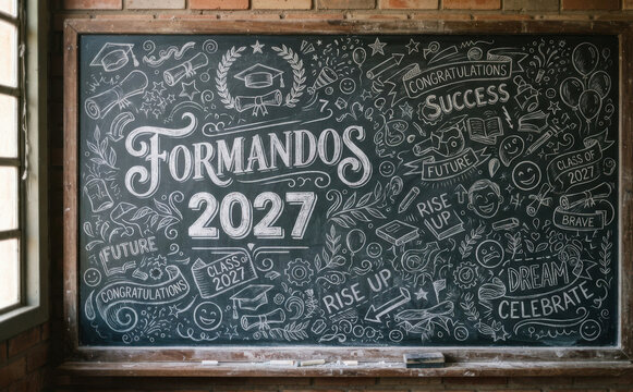 Formandos 2027 Quadro negro escolar com ilustra&ccedil;&otilde;es em giz para formatura e educa&ccedil;&atilde;o