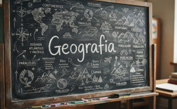Geografia - Quadro negro escolar com ilustra&ccedil;&otilde;es geogr&aacute;ficas para educa&ccedil;&atilde;o e ensino
