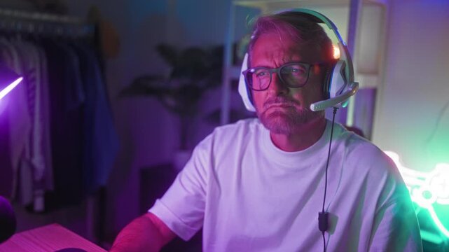 Man wearing headset with hand to mouth in thinking gesture at gaming desk studio, neon controller sign visible; focus.